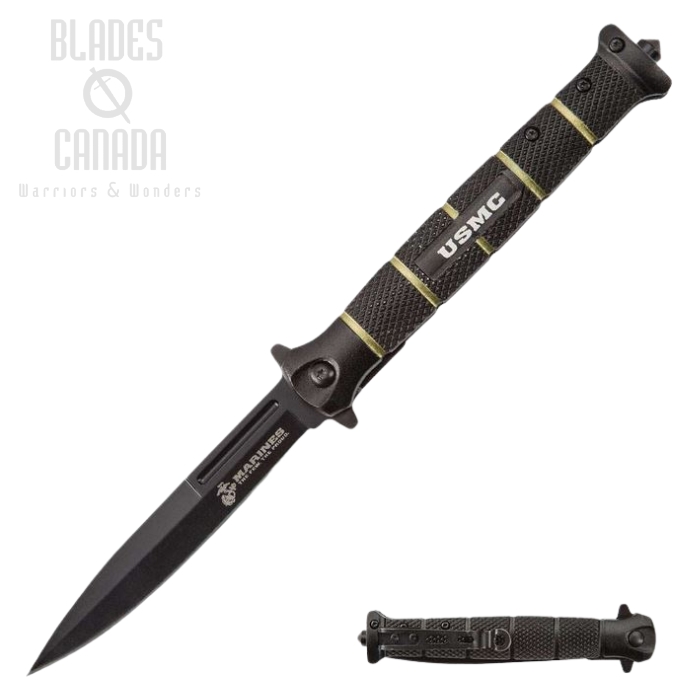 UC USMC Blackout Stiletto Folding Knife, Assisted Opening, UC3232
